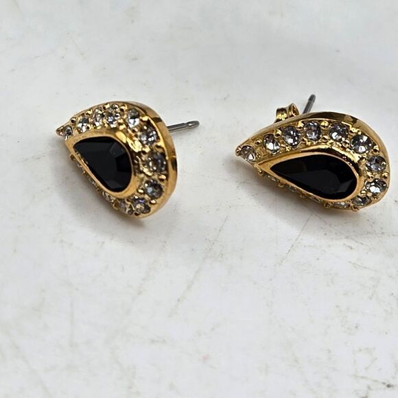 "5/$25" 2 Pairs Rhinestone Bling Earrings Black Acrylic Goldtone Hoop Post Stud - Picture 4 of 9